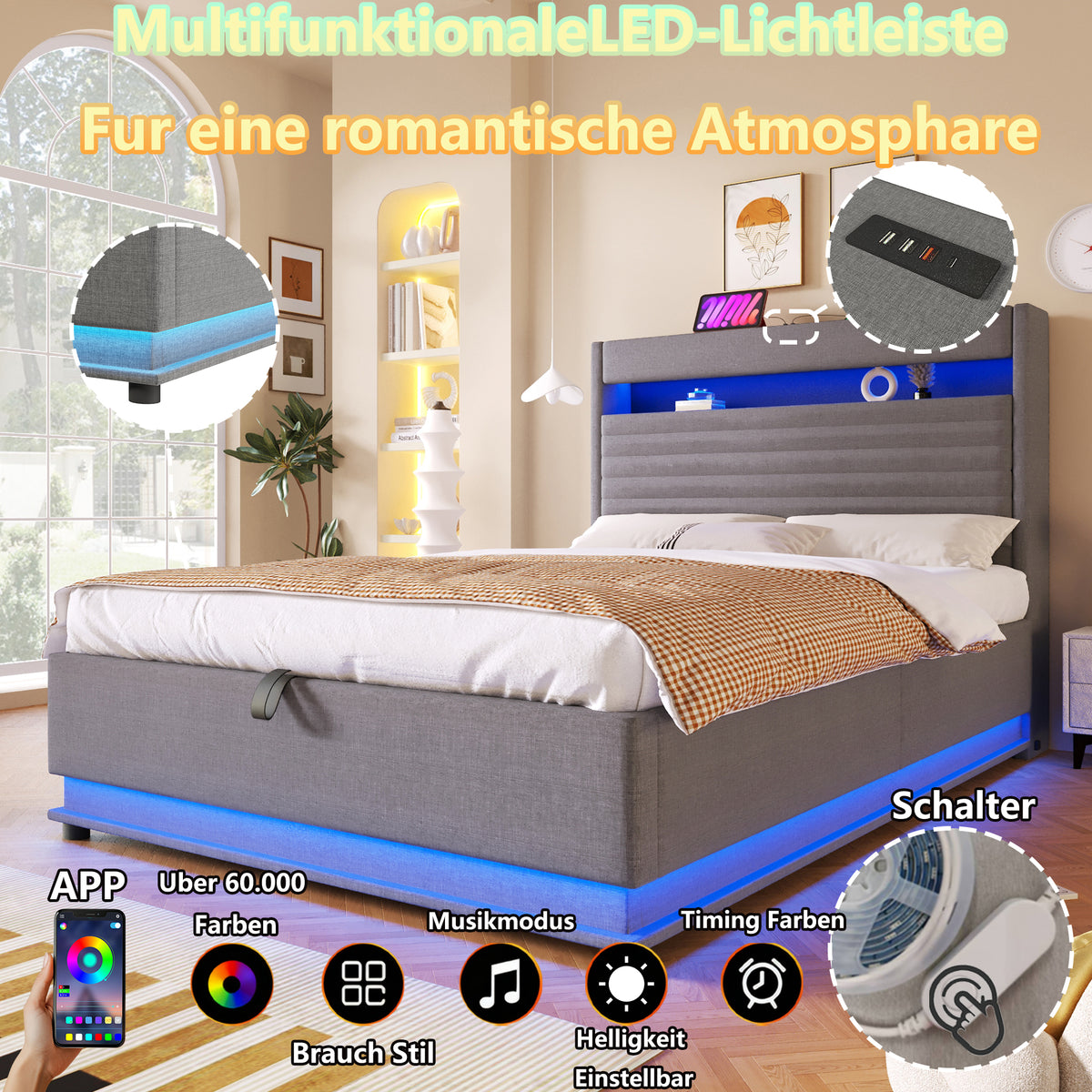 Upholstered Bed 90x200cm with LED & Storage, Grey Linen