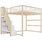Children's Loft Bed 140x200 with Stairs Safety Railing Star & Moon Decor Solid Wood