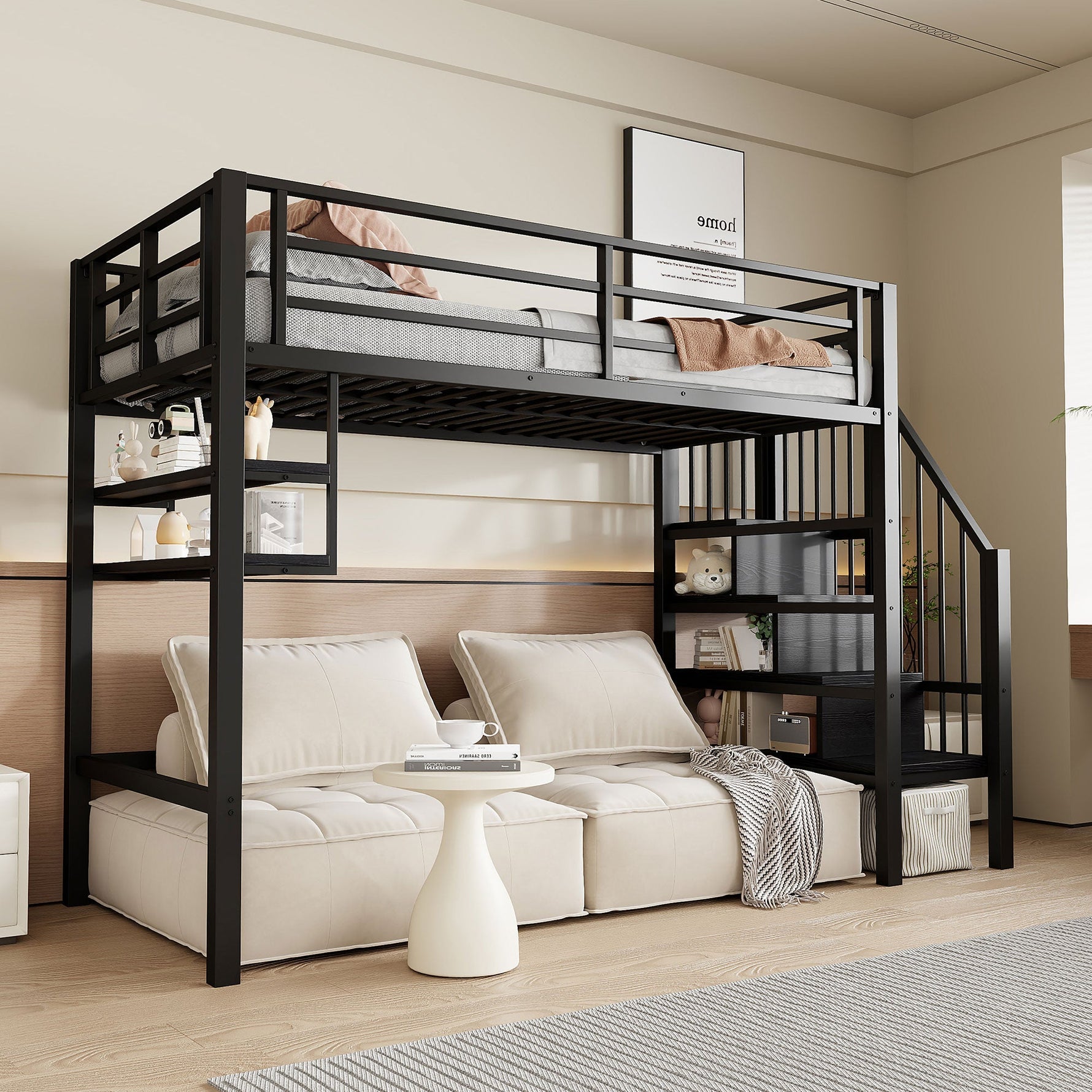Loft Bed 90x200cm Storage Ladder Shelves Railing - Black