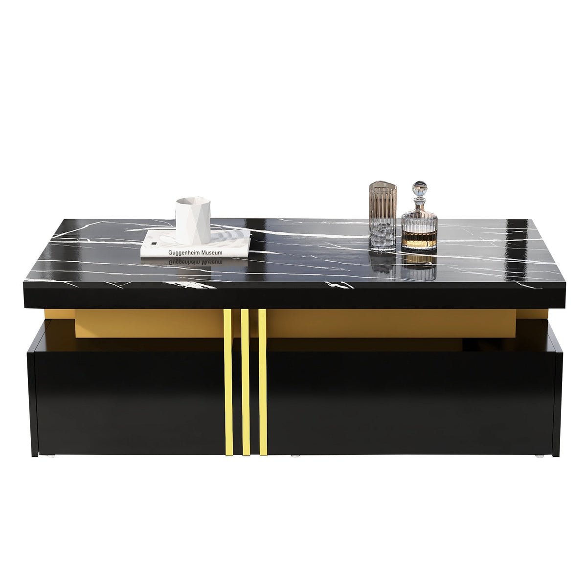 Modern Rectangular Coffee Table with 2 Drawers, High-Gloss and Marble