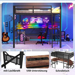 Loft Bed with Desk, LED Lights, Pegboard and Charging Ports, Black Iron Frame