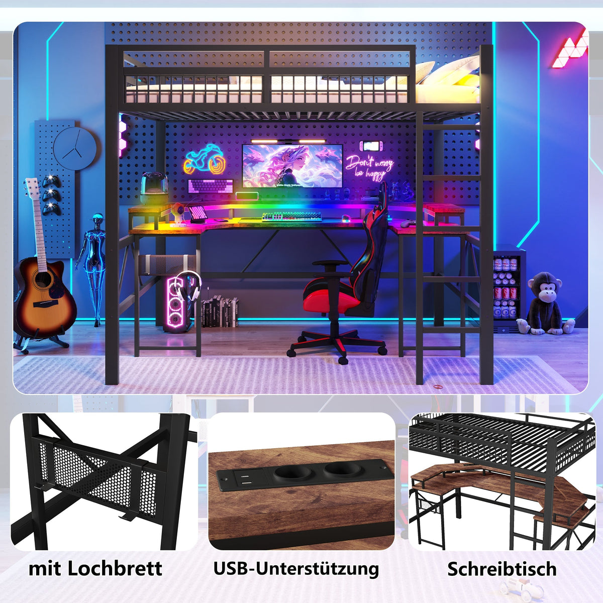 Loft Bed with Desk, LED Lights, Pegboard and Charging Ports, Black Iron Frame