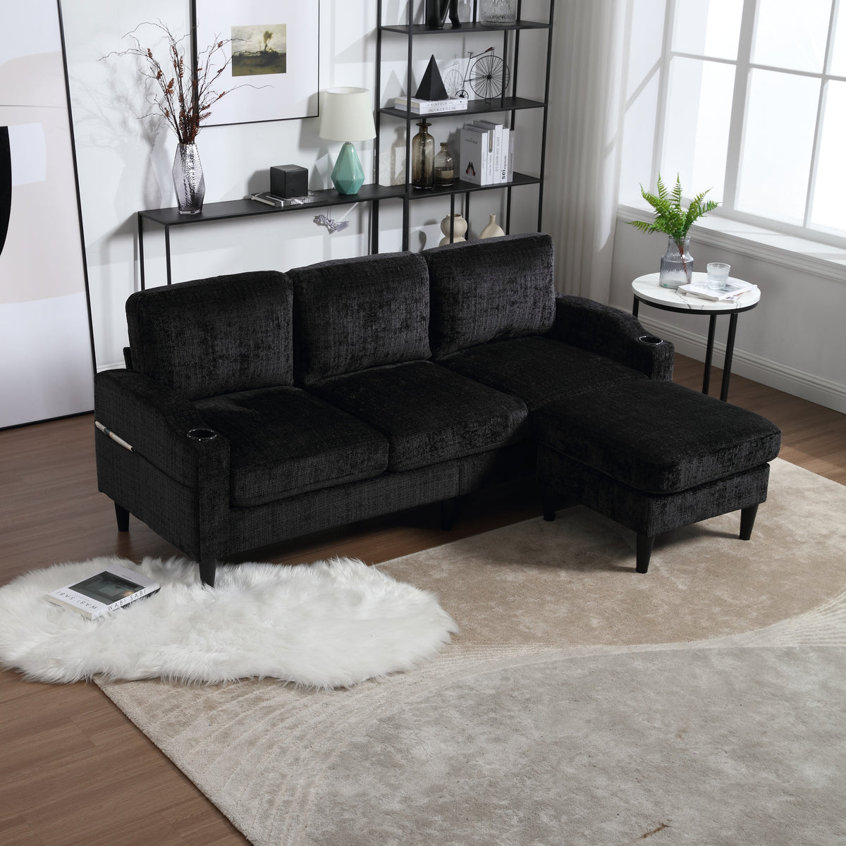 Sofa with Footstool & Storage, 4-Seater with Cup Holder, Velvet