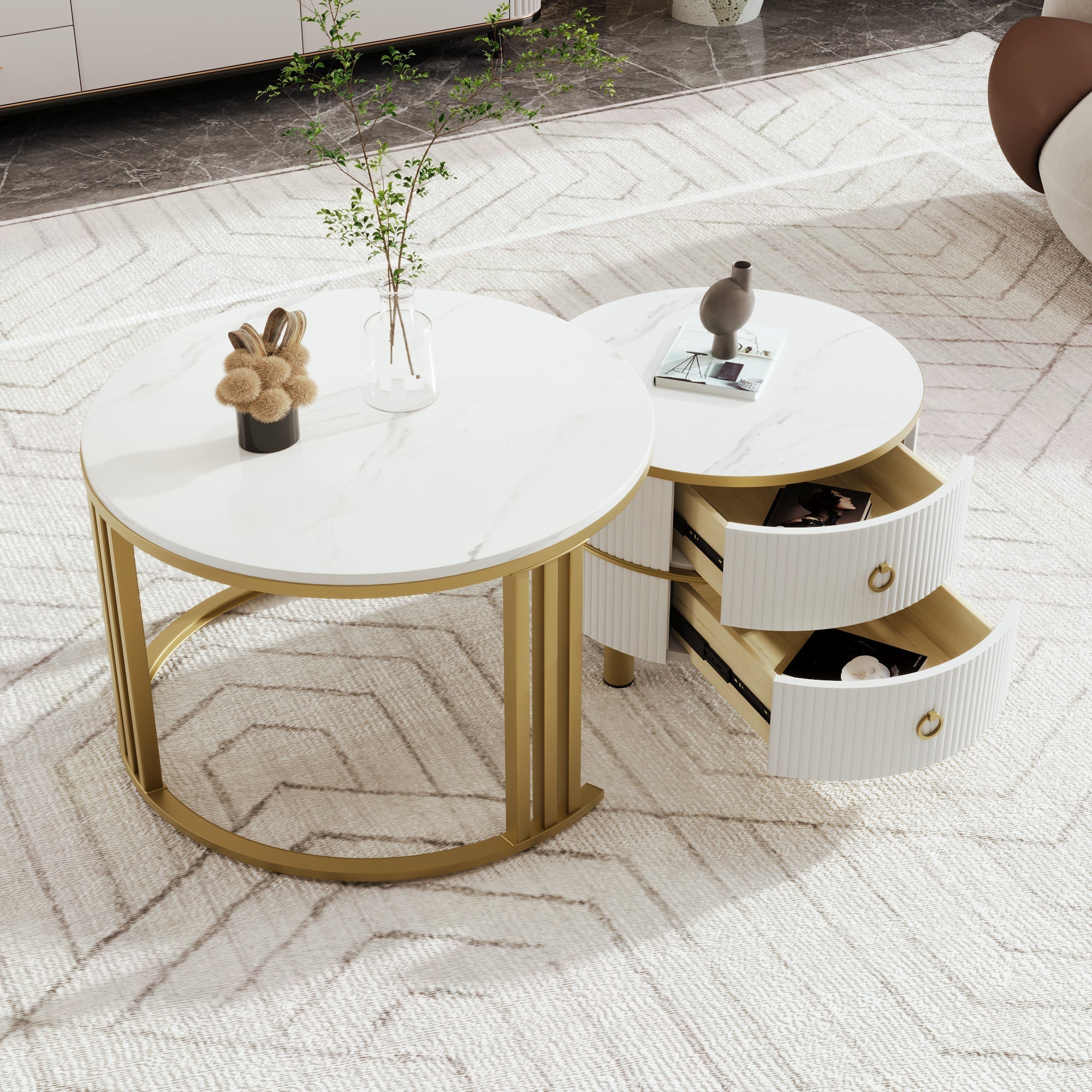 Coffee Table, 2-in-1 Round with 2 Drawers, White Marble & MDF