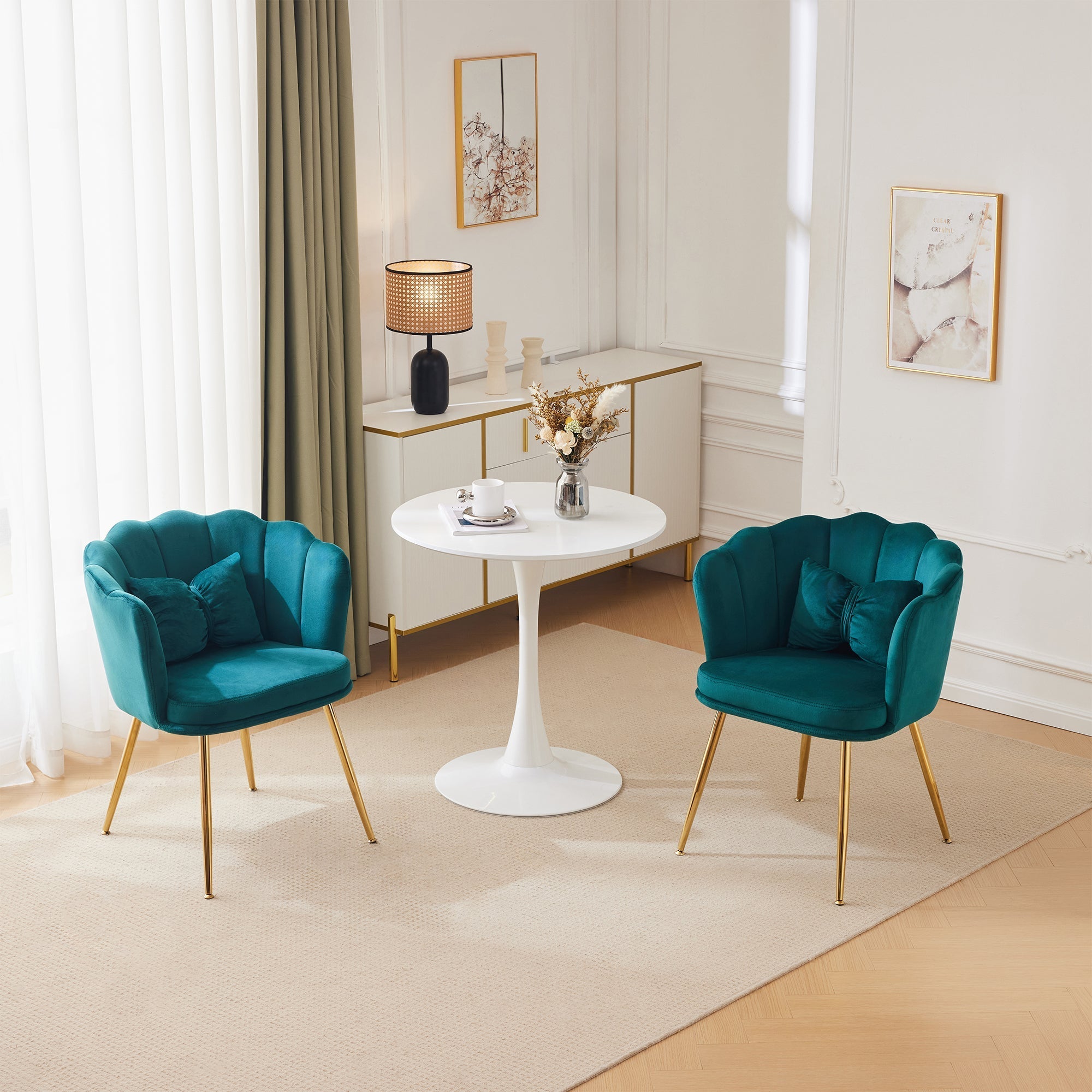 Velvet Chairs, Set of 2 Modern Upholstered with Petal Back & Butterfly Cushion, Gold Metal Legs