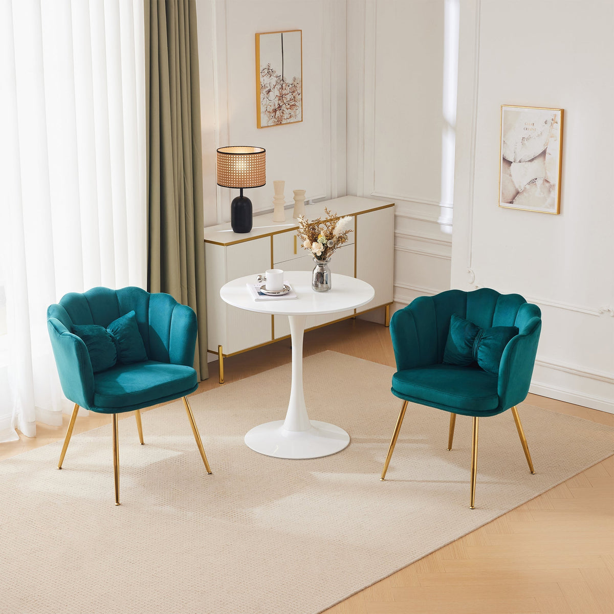 Velvet Chairs, Set of 2 Modern Upholstered with Petal Back & Butterfly Cushion, Gold Metal Legs