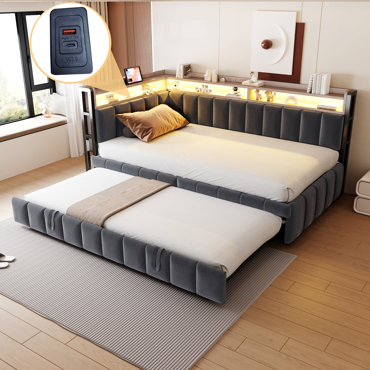 Upholstered Sofa Bed 90x200cm with Pull-Out Bed, Dark Grey Velvet