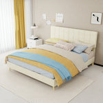 Modern Double Bed with Plaid Headboard, 160x200cm, Beige Fabric