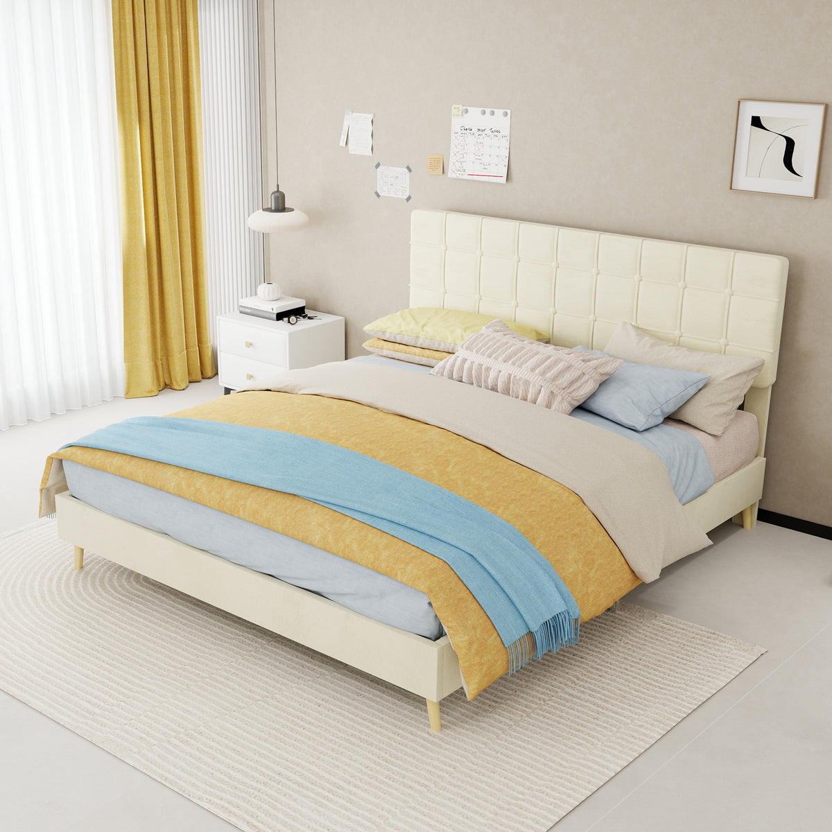 Modern Double Bed with Plaid Headboard, 160x200cm, Beige Fabric