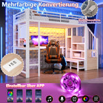 Loft Bed 90x200cm with Desk, LED Lighting & Storage - White