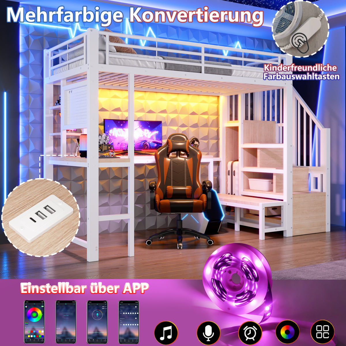 Loft Bed 90x200cm with Desk, LED Lighting & Storage - White
