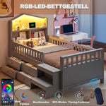 Children's Bed with 4 Drawers, LED Lights, USB and Type-C Charging Ports, 90x200cm, Grey Solid Wood