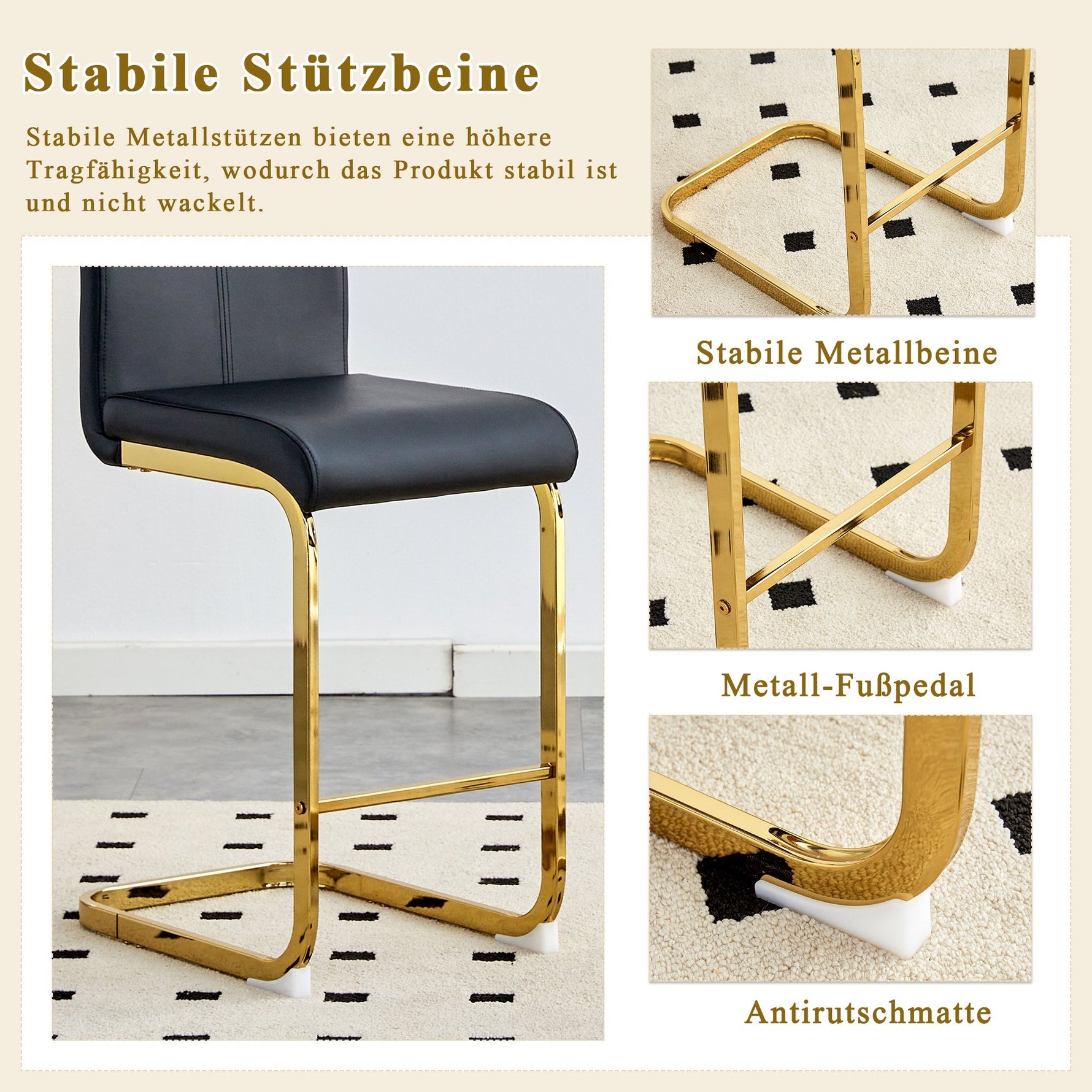 Bar Stools Set of 2 Nordic Style Gold Metal Legs - Black Faux Leather