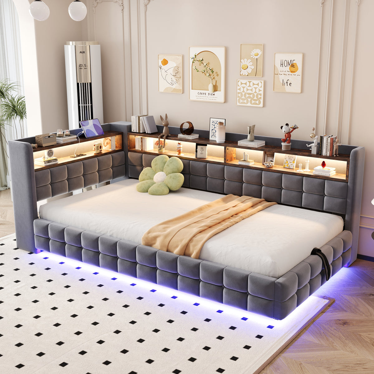 Upholstered Bed Set 180x200cm with Storage & Tables, Beige Velvet