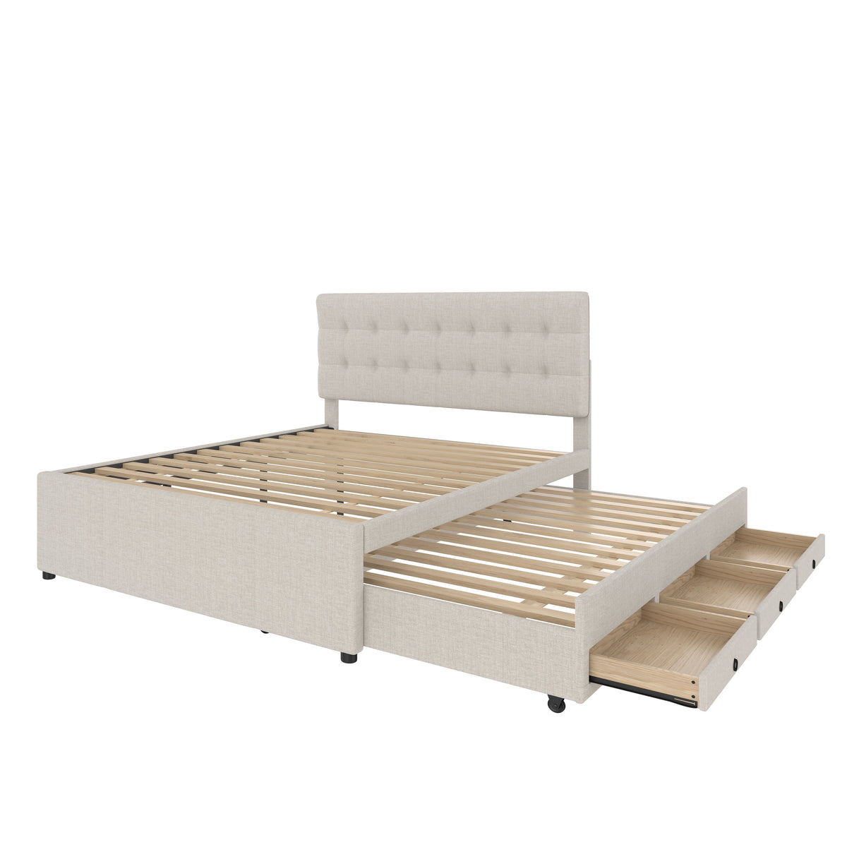 Upholstered Bed 140x200cm Extendable 3 Drawers Adjustable Headboard - Beige