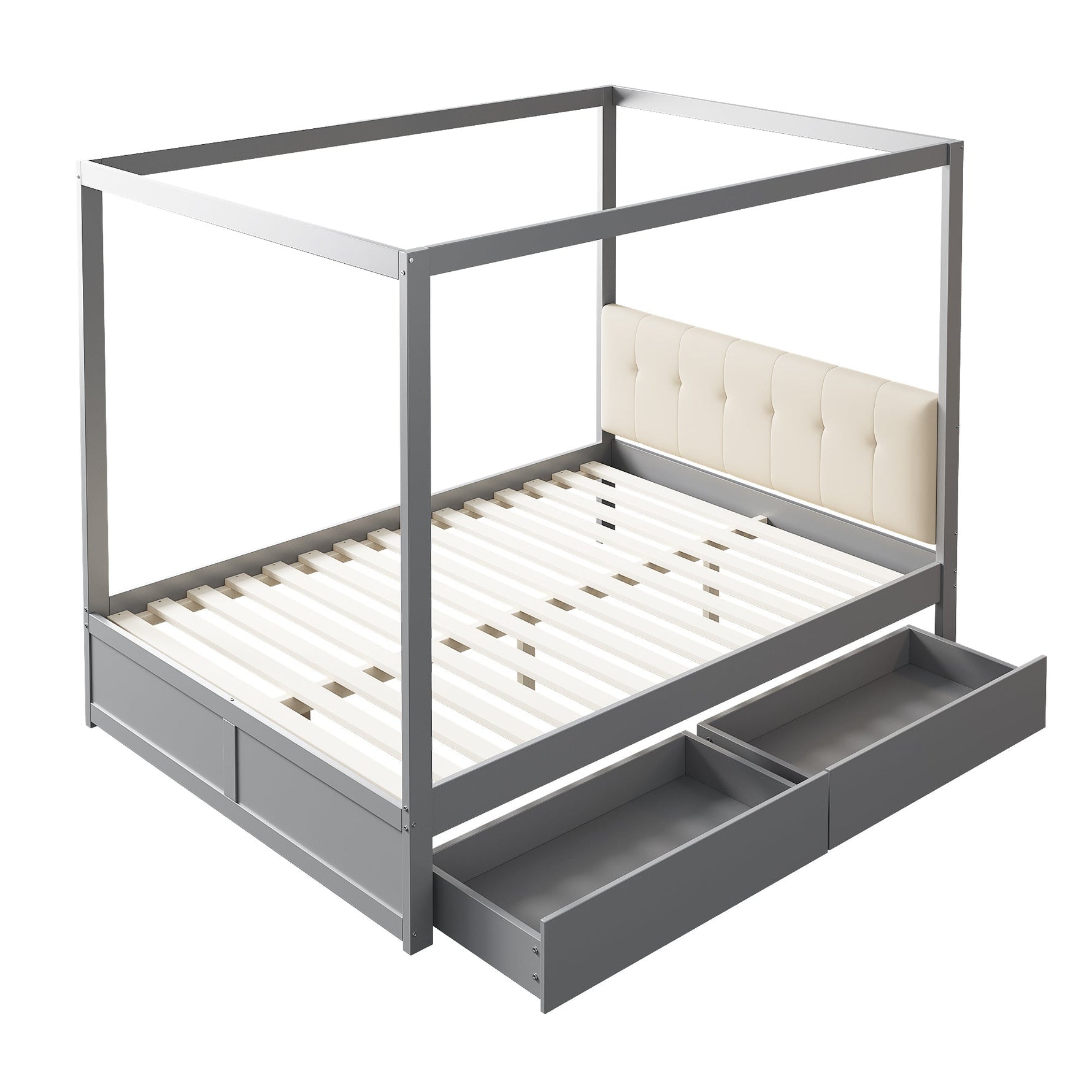 Canopy Bed 140x200 cm with Large Drawers & Soft Headboard, Wooden Grey