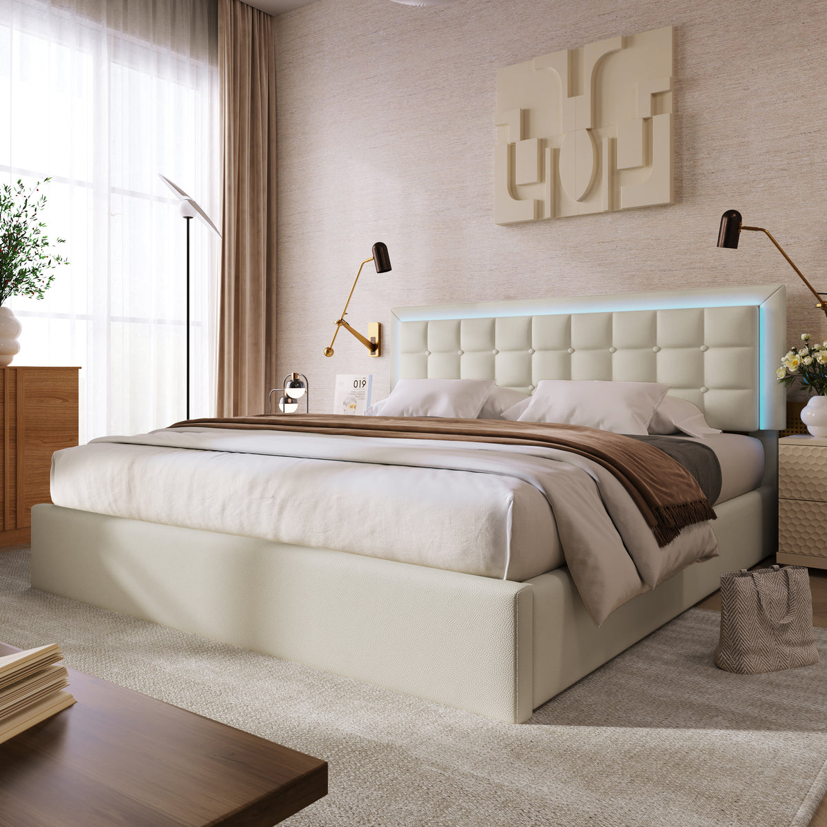 Upholstered Storage Bed 180x200cm with LED, White Faux Leather
