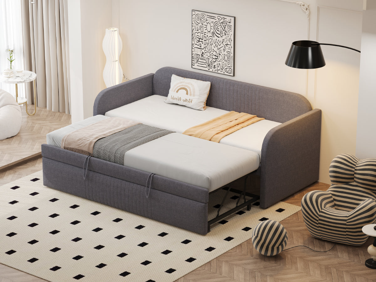 Upholstered Bed Pull-Out Sofa, Multifunctional with Slatted Frame, Grey Linen