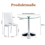 Dining Table Set, Minimalist 85cm Glass Table with 4 Chairs, White Faux Leather