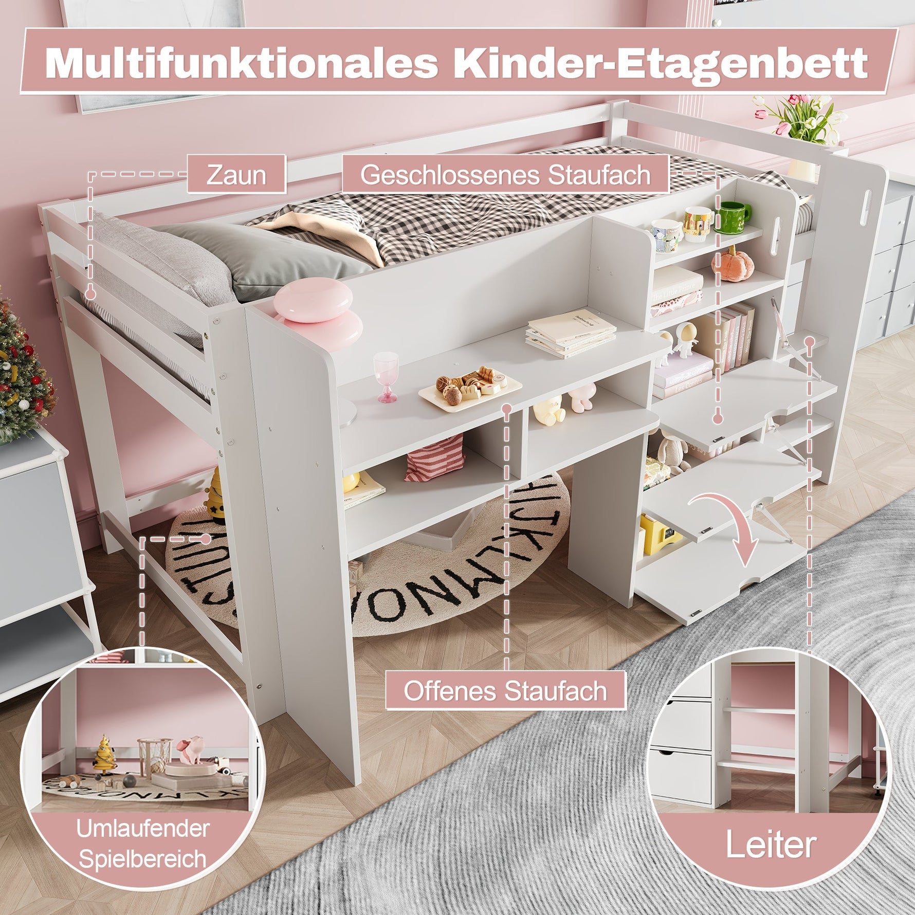 Mid-height Bed 90x200cm House Shape Storage Entertainment Area, White
