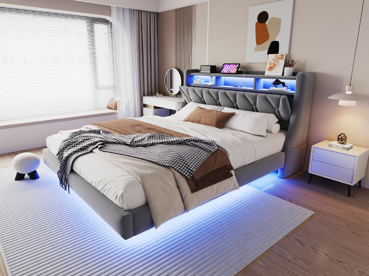 Upholstered Bed 180x200 cm, Fold-Down Headboard with Socket Storage & LED Lighting, Floating Design, Velvet Grey