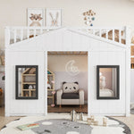 House Bunk Bed 90x200cm, Stairs Railing Window Storage, Pine+MDF White