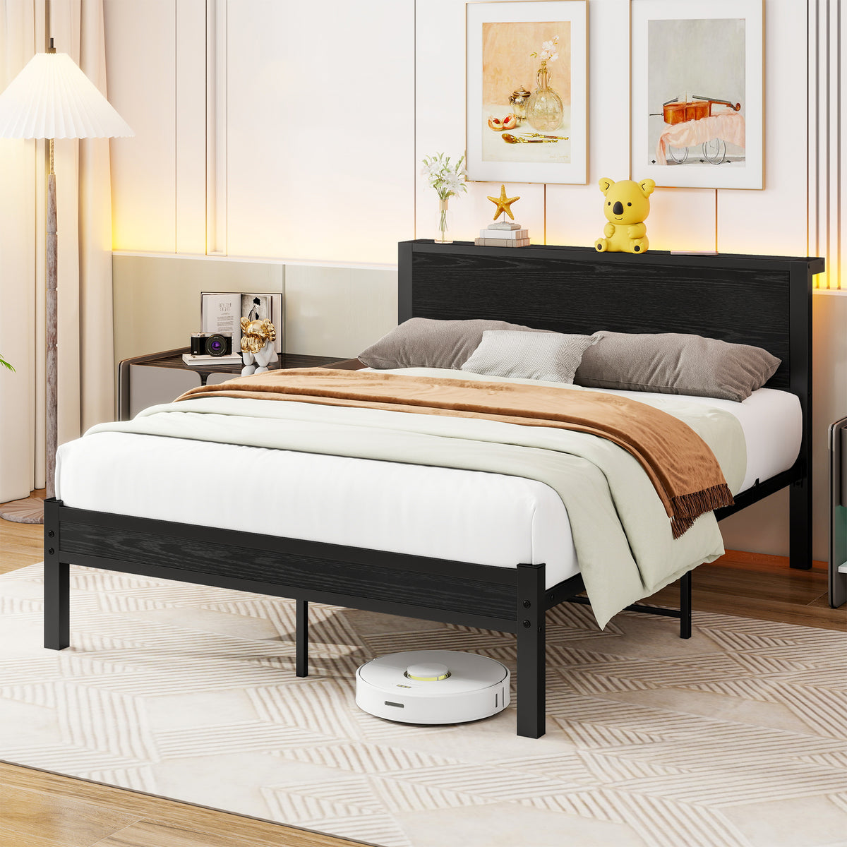 Single Metal Platform Bed Frame with Storage, 120x200cm, Vintage Black