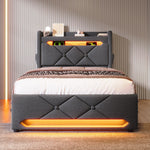 Upholstered Single Bed 90*200, Storage Headboard with USB & LED, Hydraulic, Gray Linen