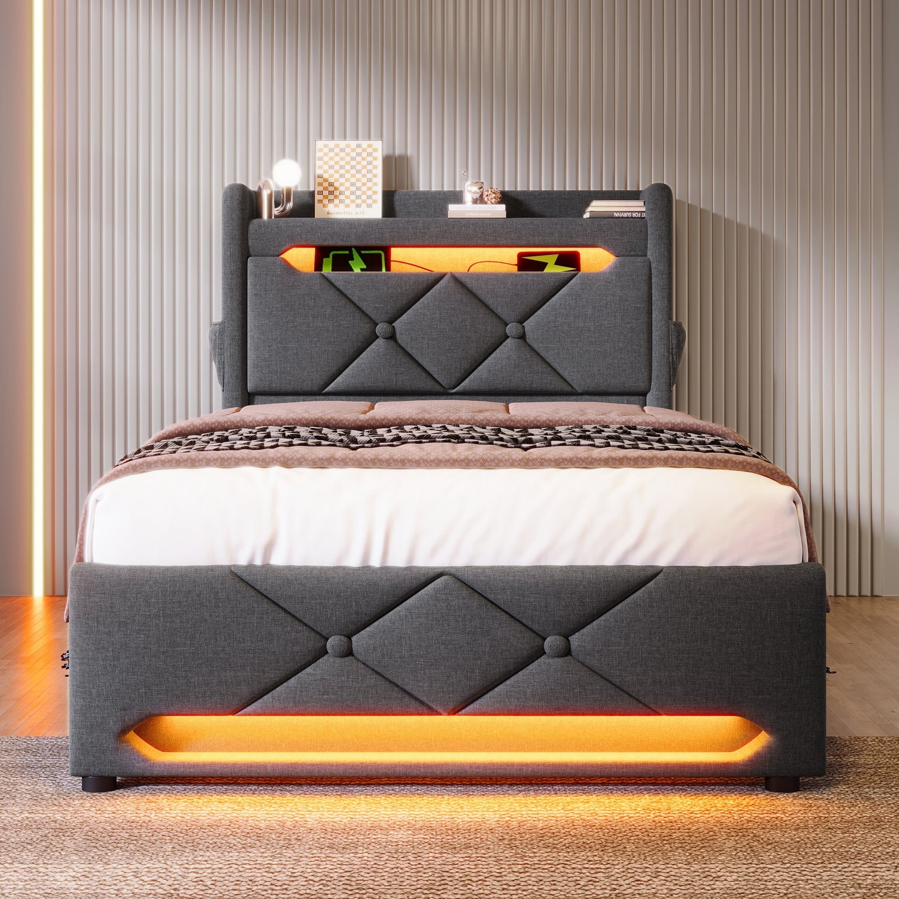 Upholstered Single Bed 90*200, Storage Headboard with USB & LED, Hydraulic, Gray Linen