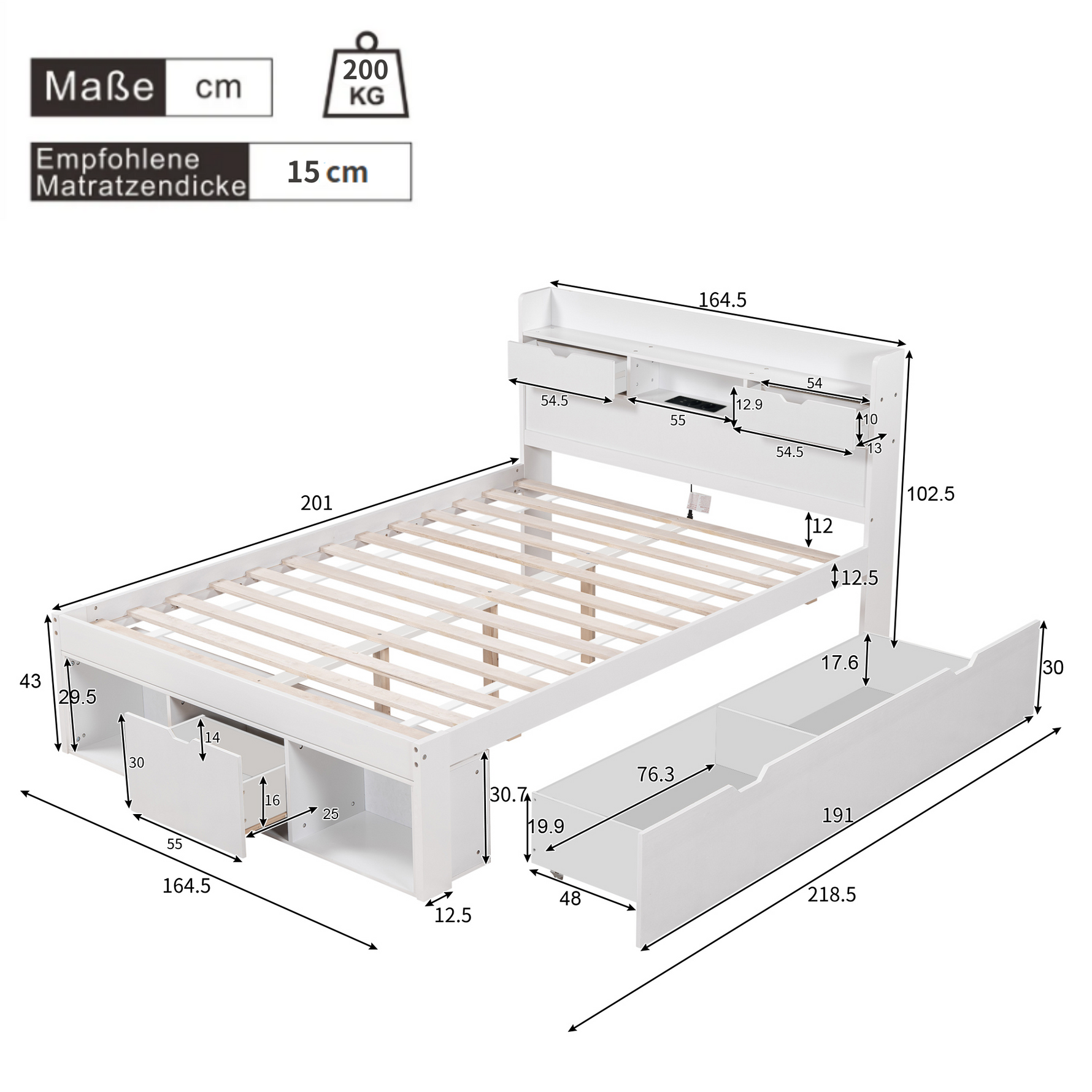 Multifunctional Double Bed with USB Port, Drawers and Storage Cabinet, 160x200cm, White