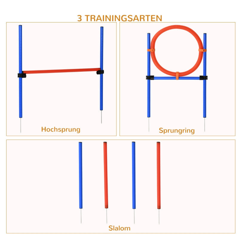 Dog Agility Set, 3 in 1, Slalom Hurdle Jumping Ring, Blue+Red
