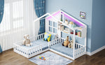 Children's Bed with Window, Shelves and LED Light Strip, 90x200cm, White Solid Wood