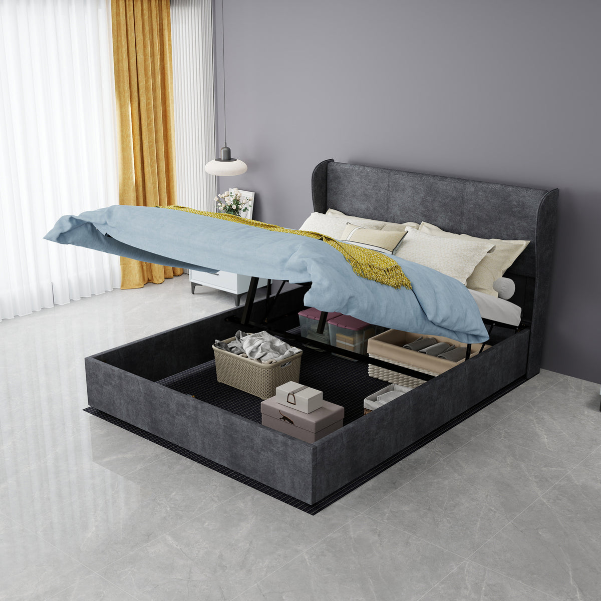 Modern Upholstered Bed 140x200 cm Gas Lift Storage, Grey