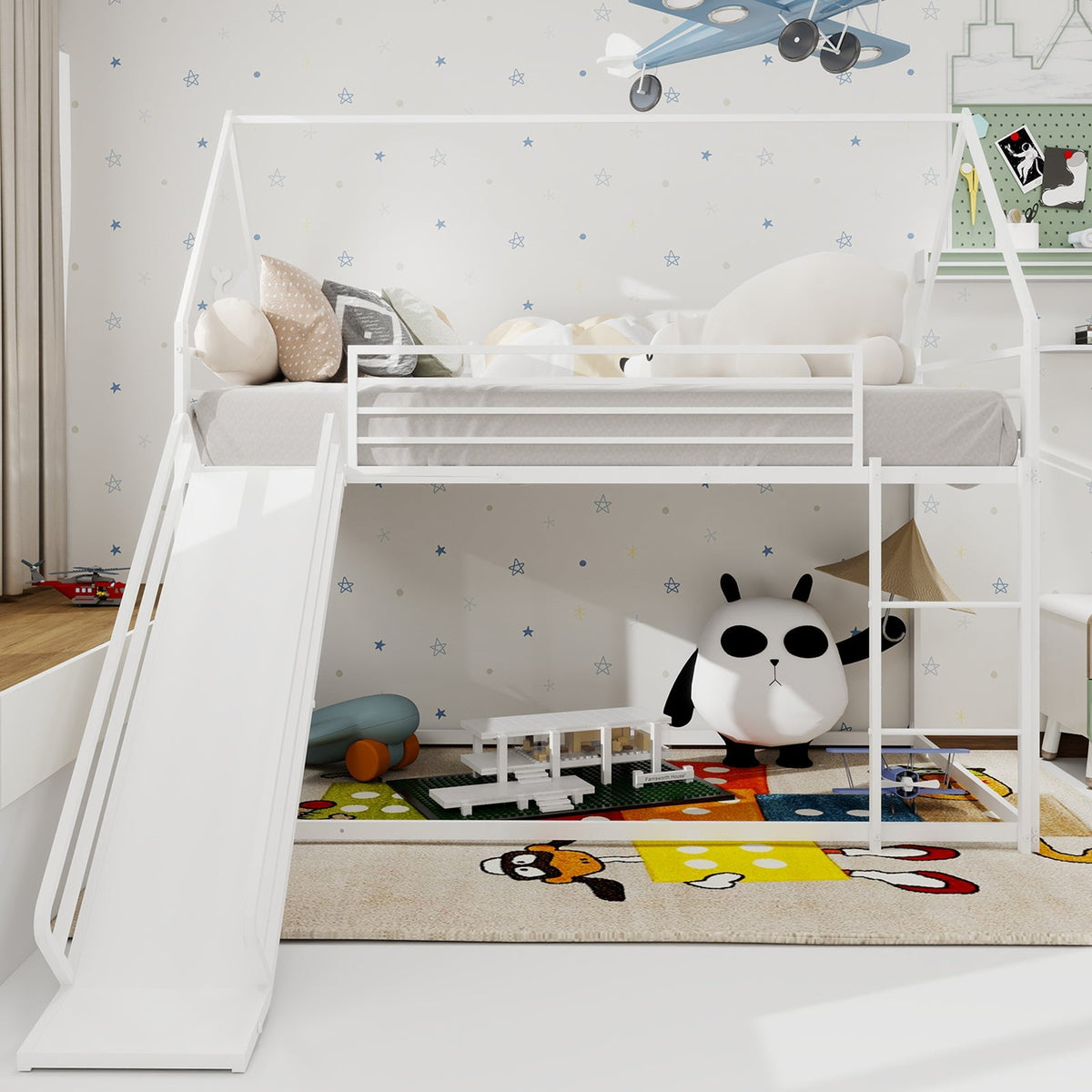 Twin over Twin Bunk Bed, House Shaped with Slide & Ladder, Metal