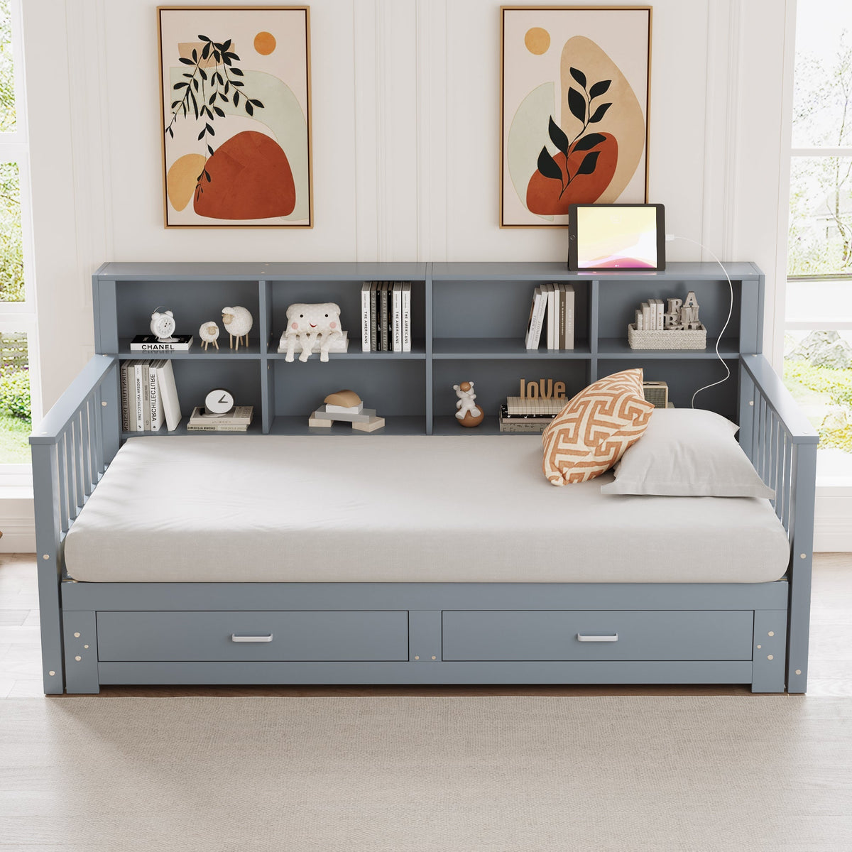 Sofa Bed, Pull-Out 90/180x190 cm with Storage & Charging, 2 Drawers, Pine, Grey