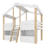 House Shape Loft Bed 90x200cm with 2 Drawers & LED, White + Natural