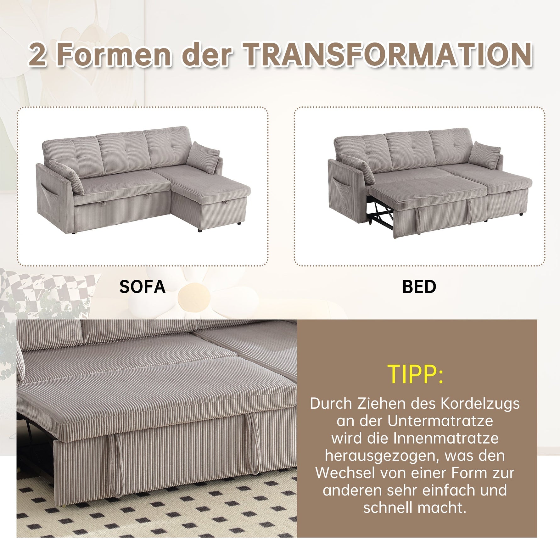Multi-functional Sofa Bed, Modular L-Shaped Sectional with Storage and Pull-out Bed