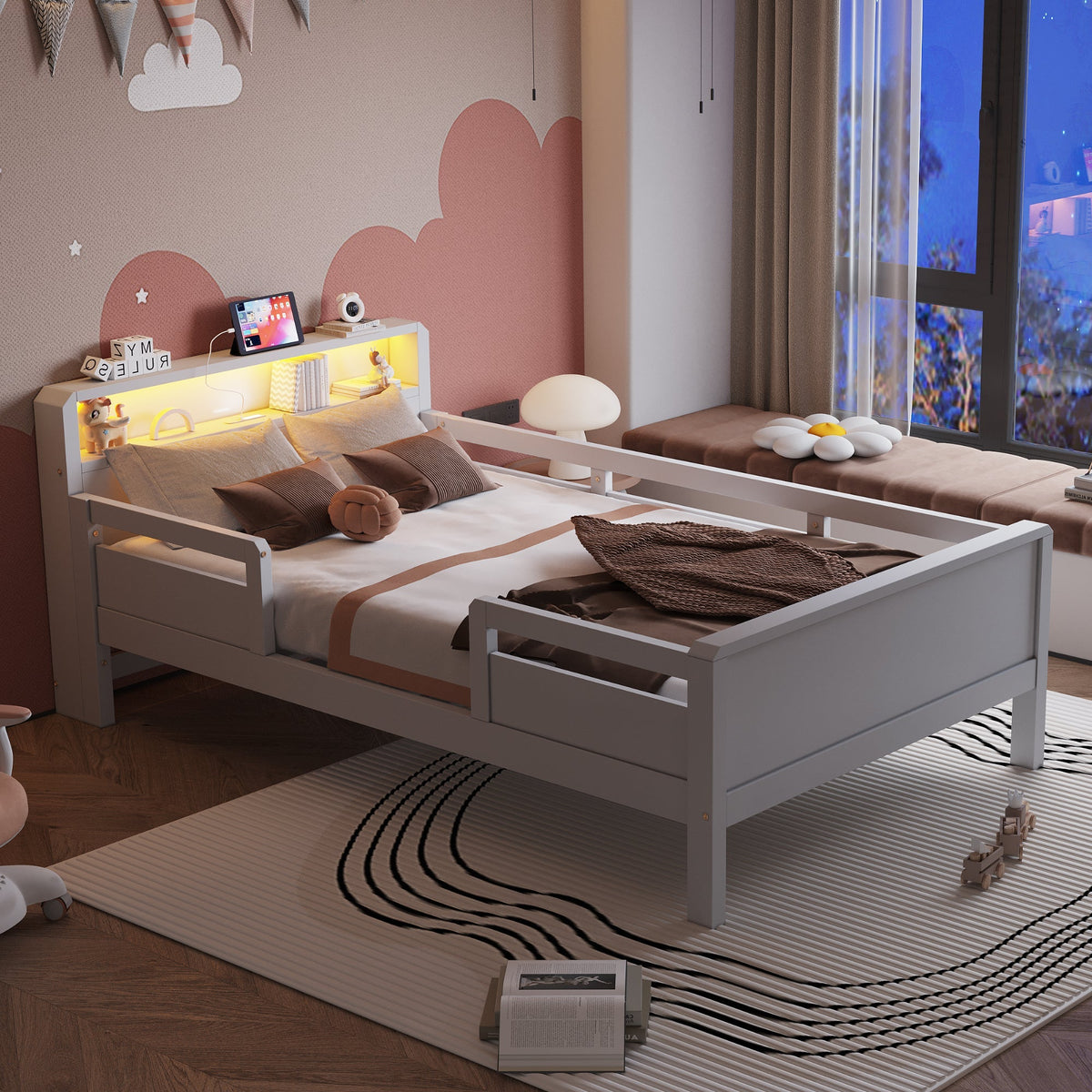 Wooden Bed, 90x200cm Multifunctional with USB & LED, Pinewood White
