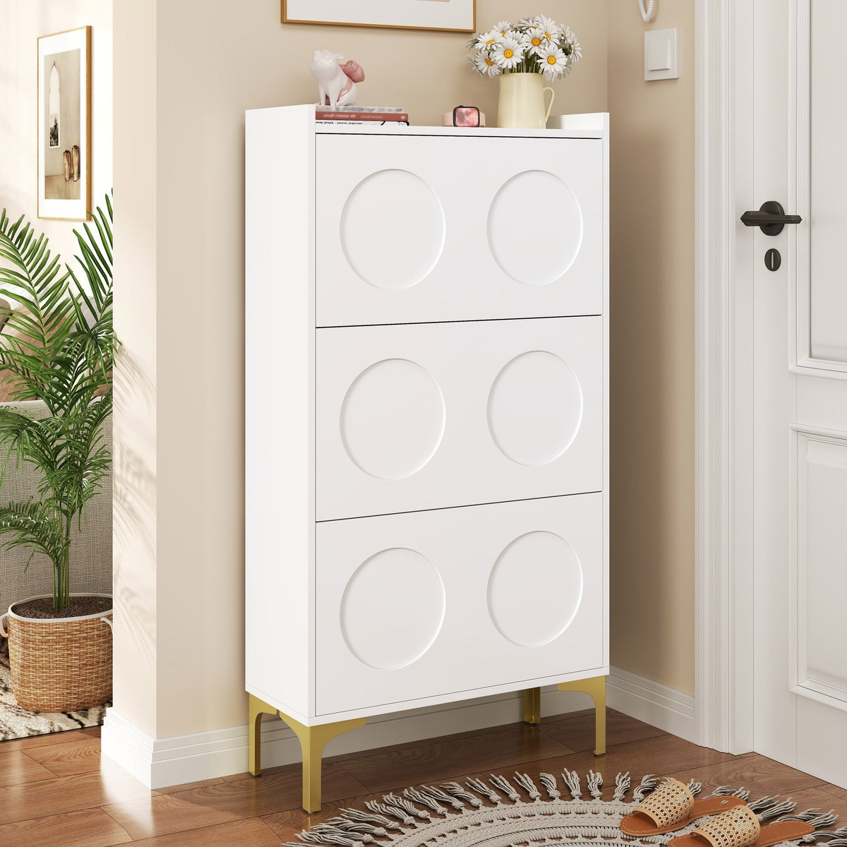 Modern Shoe Cabinet, 3-Tier Storage Metal Feet Entryway, White