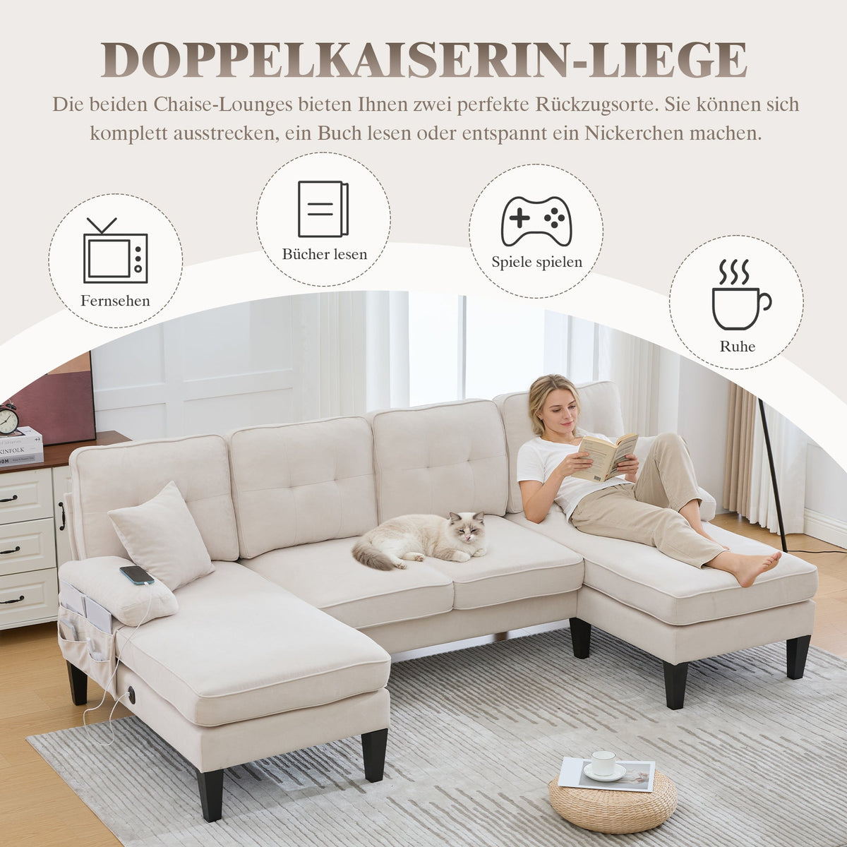 U-shaped Sofa Large 4-Seater Two Chaise Lounges Linen Fabric Beige