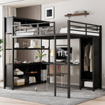 Iron Loft Bed, Double Storage, Desk & Wardrobe, Black 140x200cm