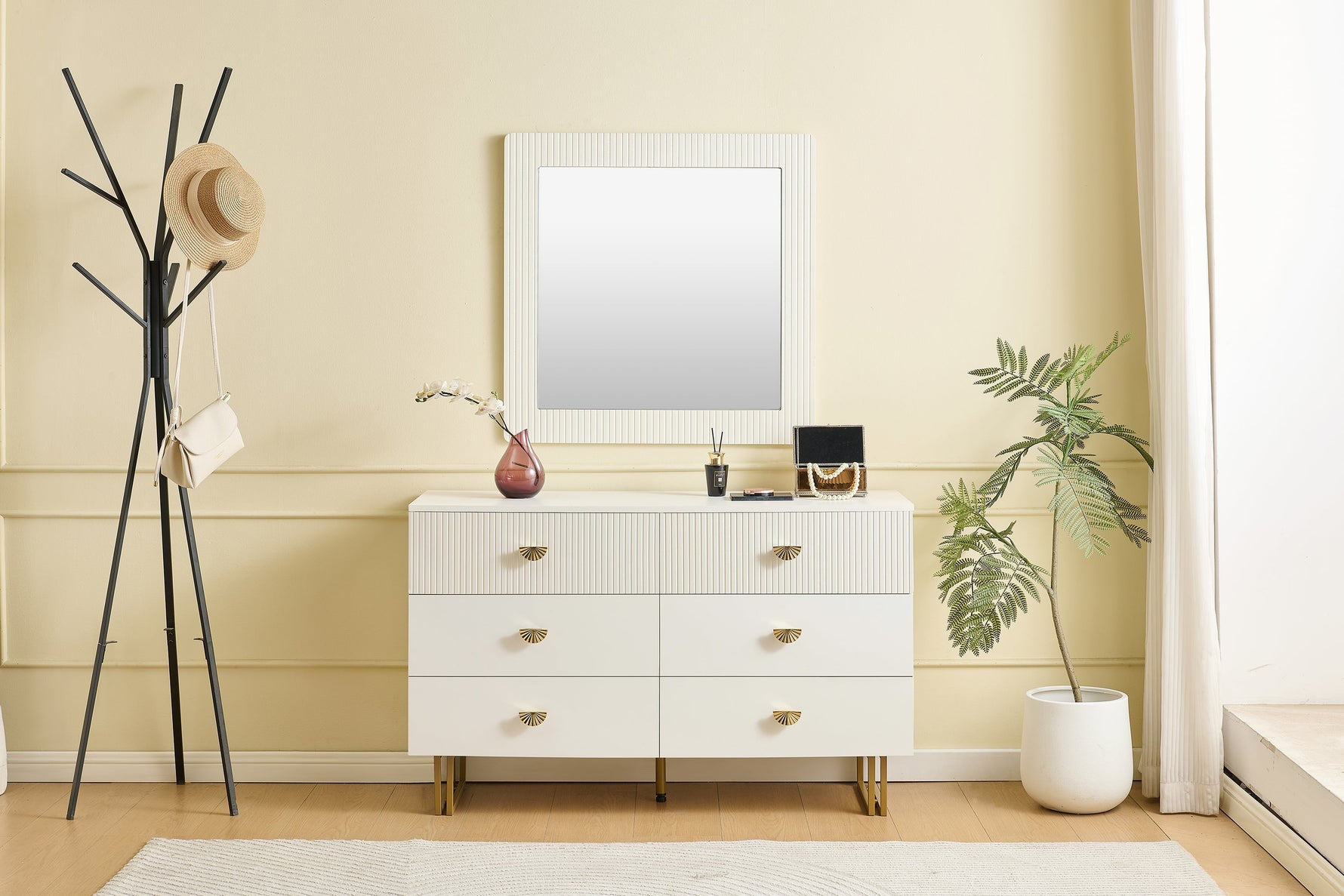 Modern Sideboard and Mirror Set, 6-Drawer Chest, White