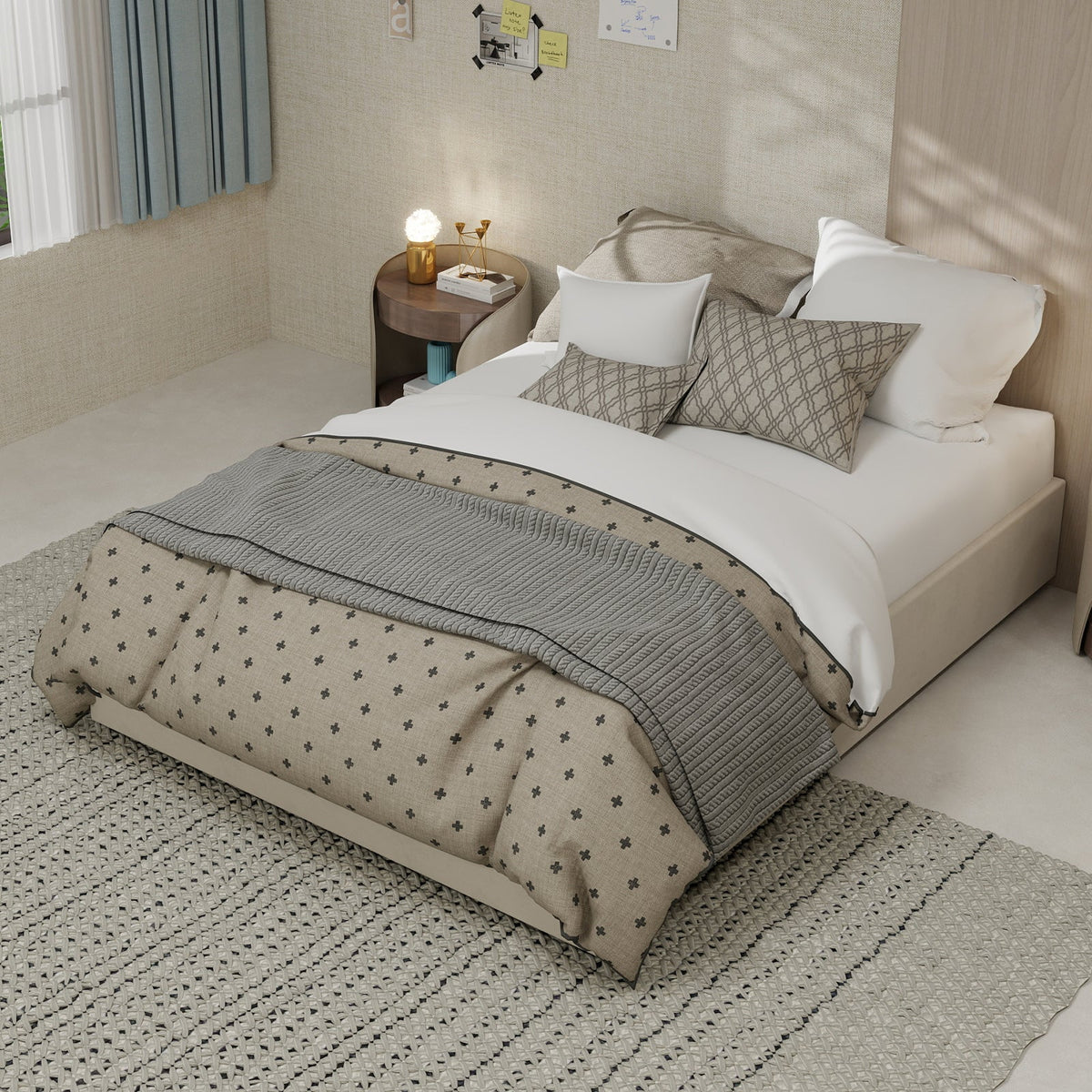 Modern Bed Frame 140x200cm Pneumatic Rod, Beige Dutch Velour