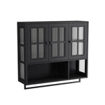 Bathroom Wall Cabinet 3-Door Wooden Glass Door Towel Bar, Black