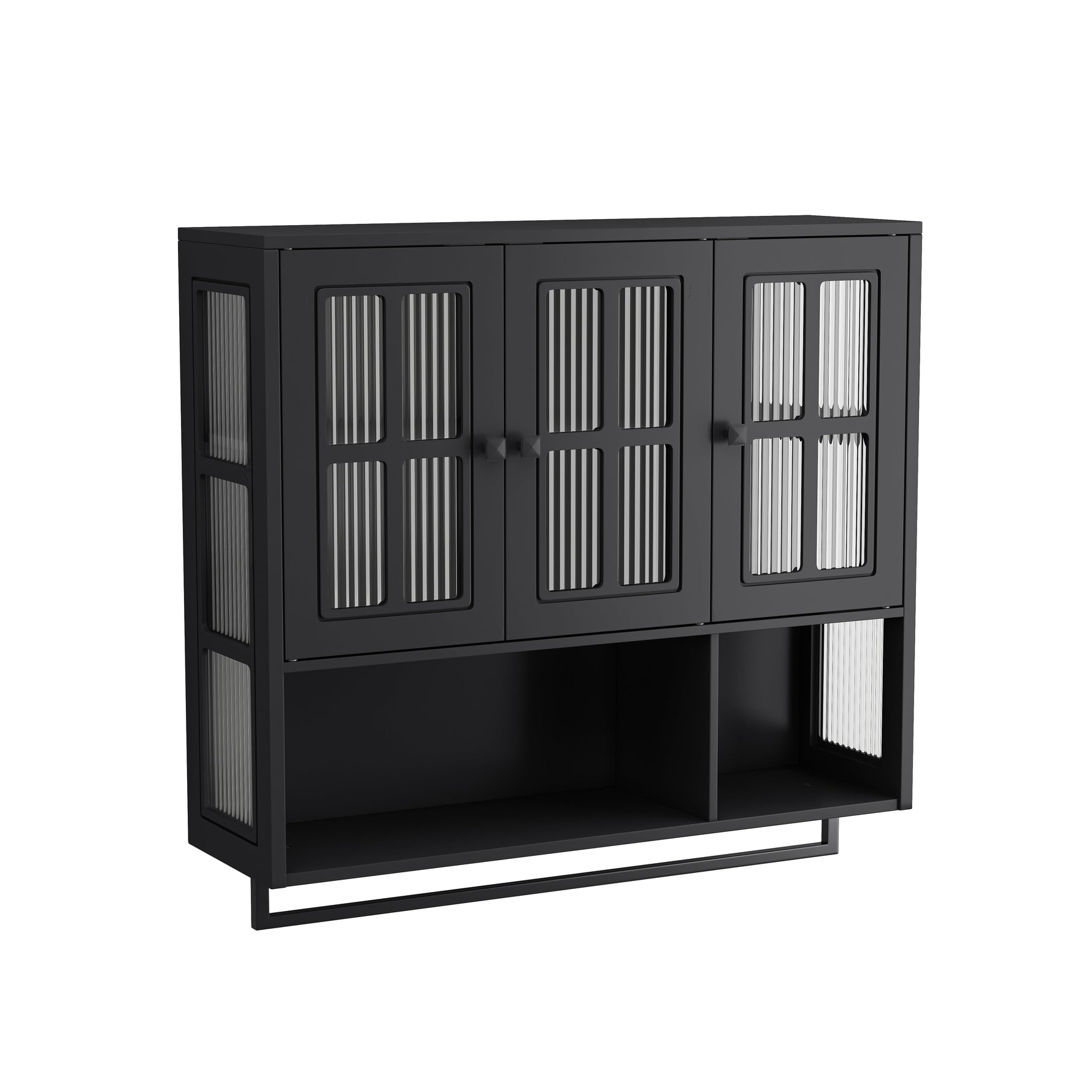 Bathroom Wall Cabinet 3-Door Wooden Glass Door Towel Bar, Black