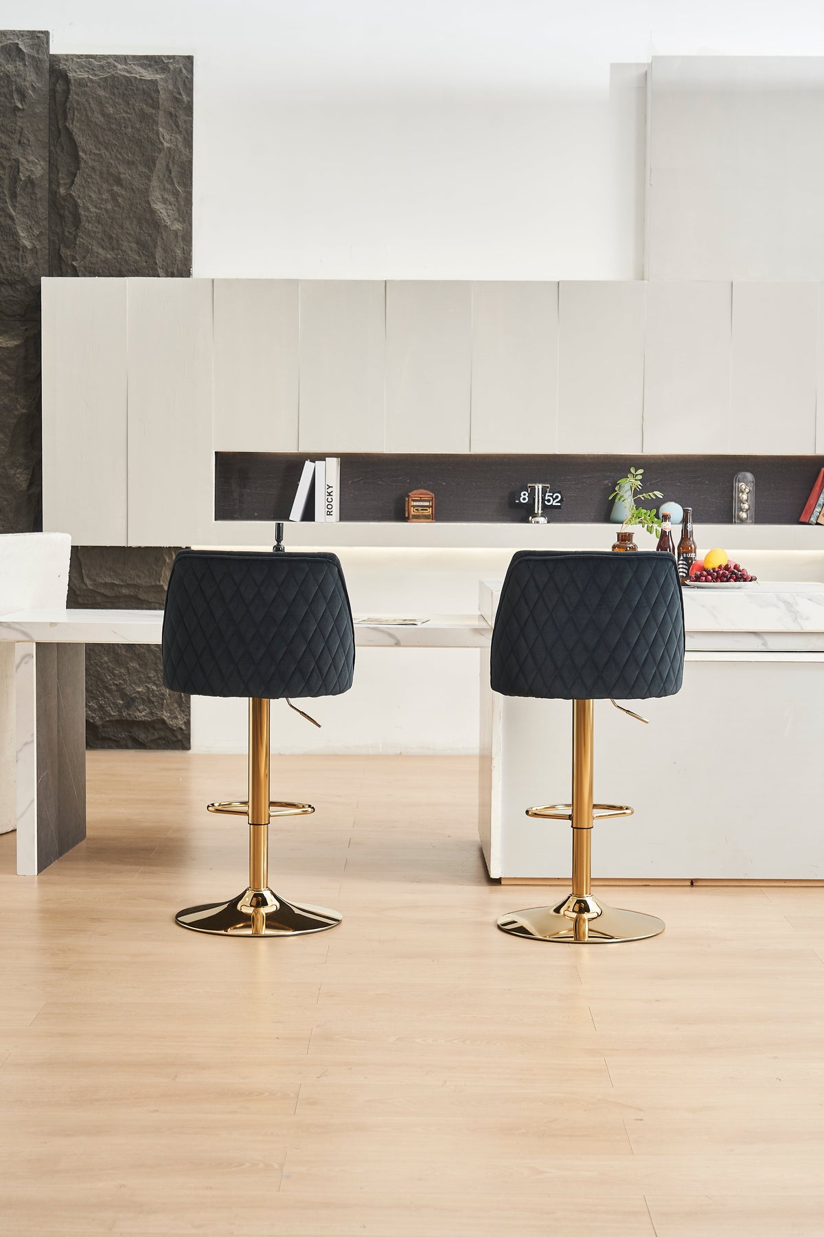 Velvet Bar Stool Adjustable Height Swivel Tufted Backrest Footrest Set of 2 - Black