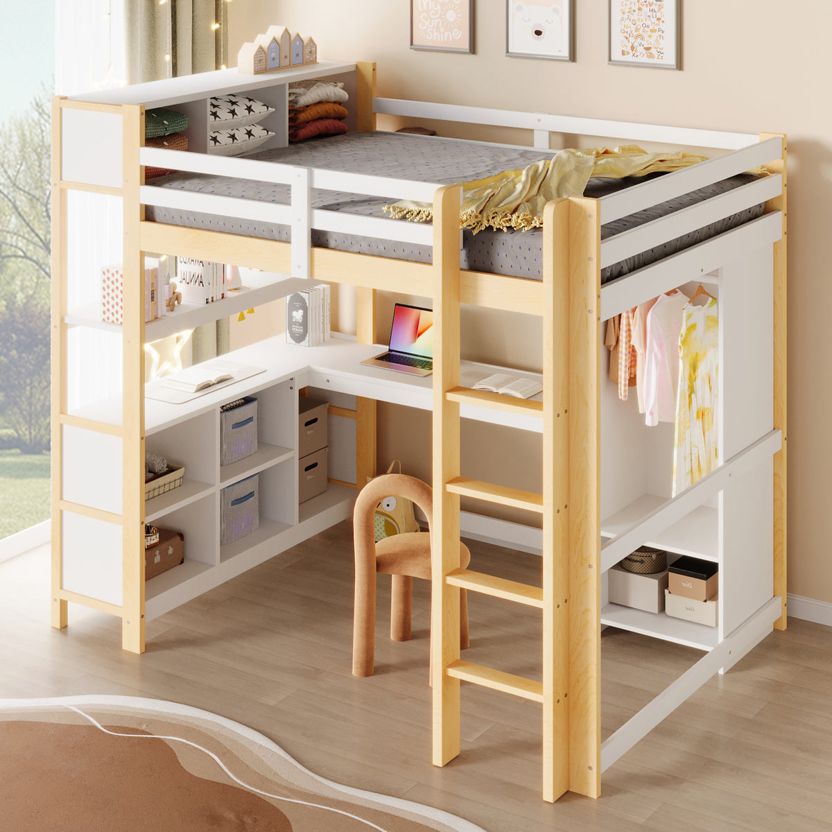 Loft Bed 140x200cm with Storage, Desk & Wardrobe, Natural