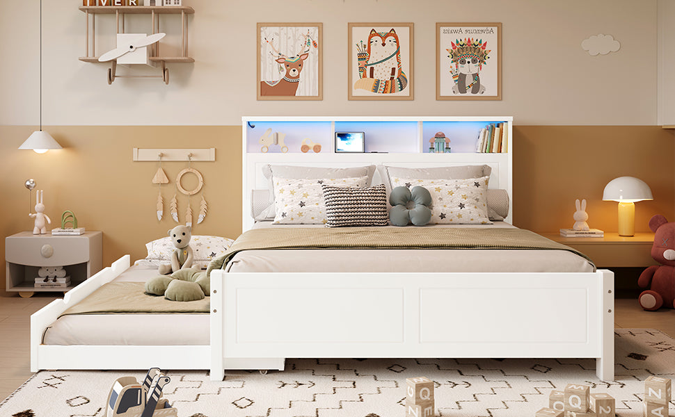 Double Bed with Trundle, Storage & LED Light, White Pine Frame