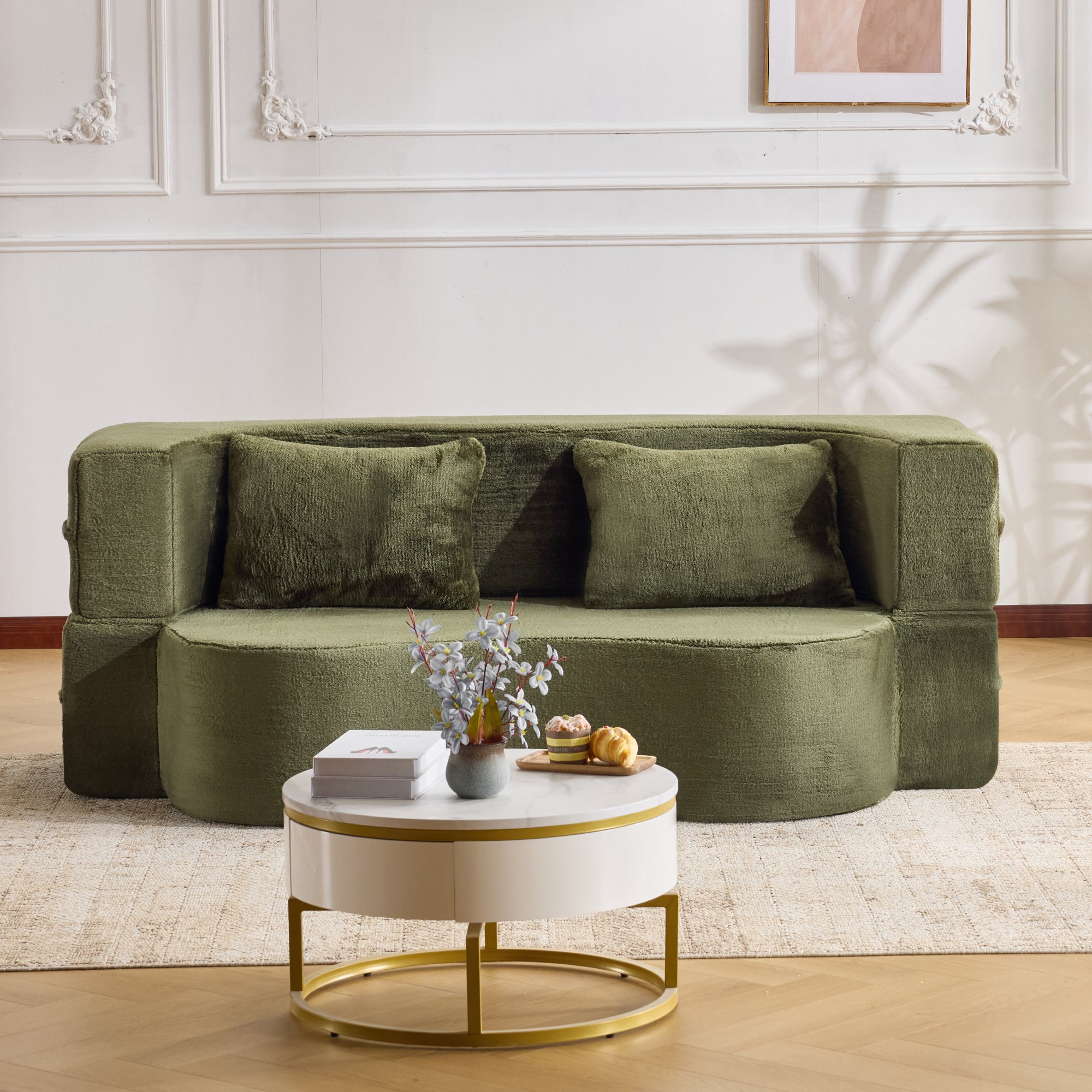 Large Dual-Purpose Futon Sleeper Sofa, Assembly-Free and Foldable Floor-Standing Couch, Green