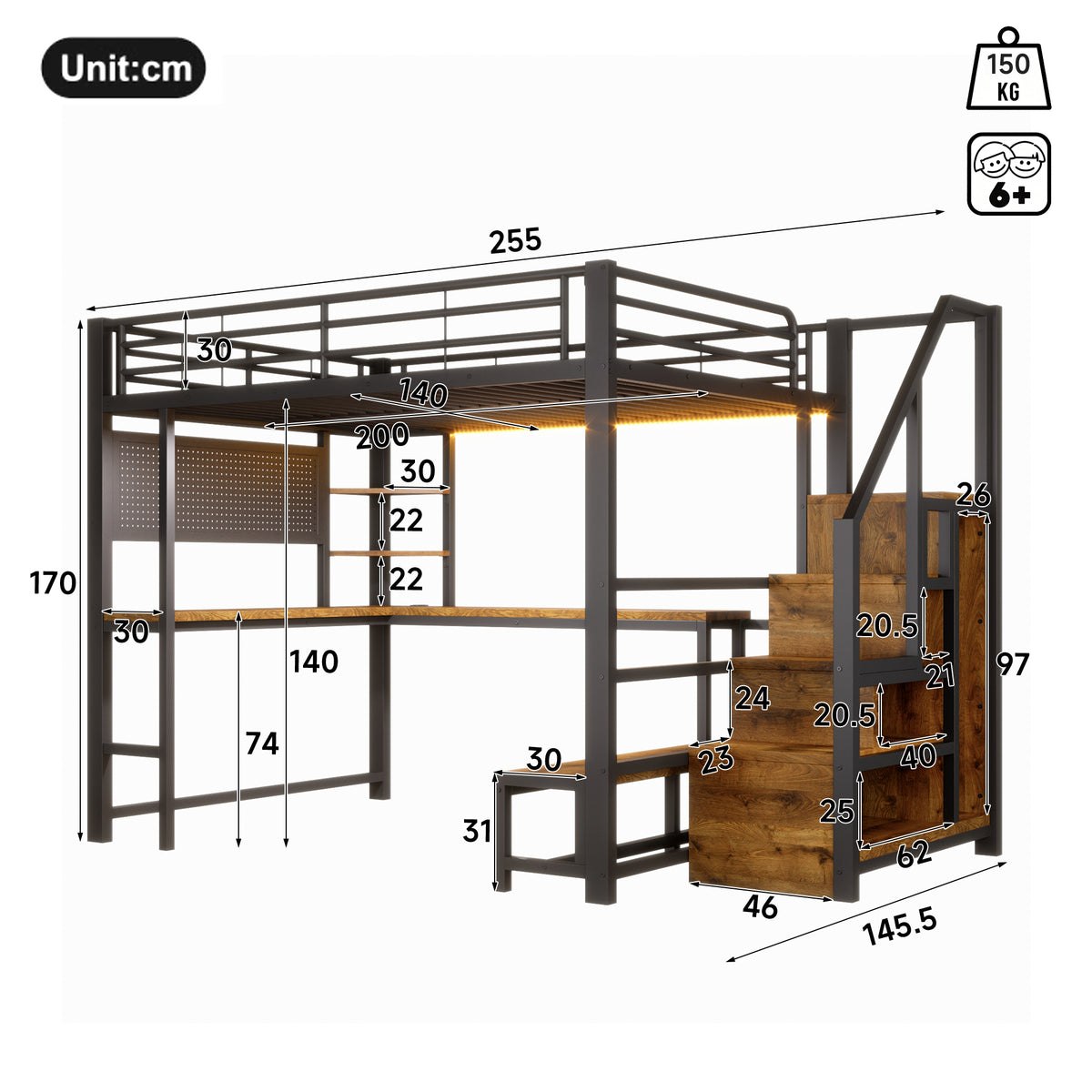 Loft Bed 140x200cm with Desk, LED Light & Storage, Black